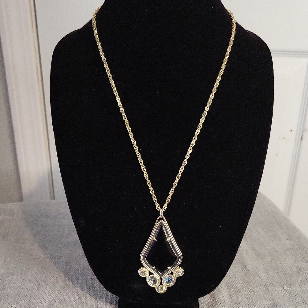 Kendra Scott "Theresa" Long Gold Necklace with Black Onyx and Iridescent Stones